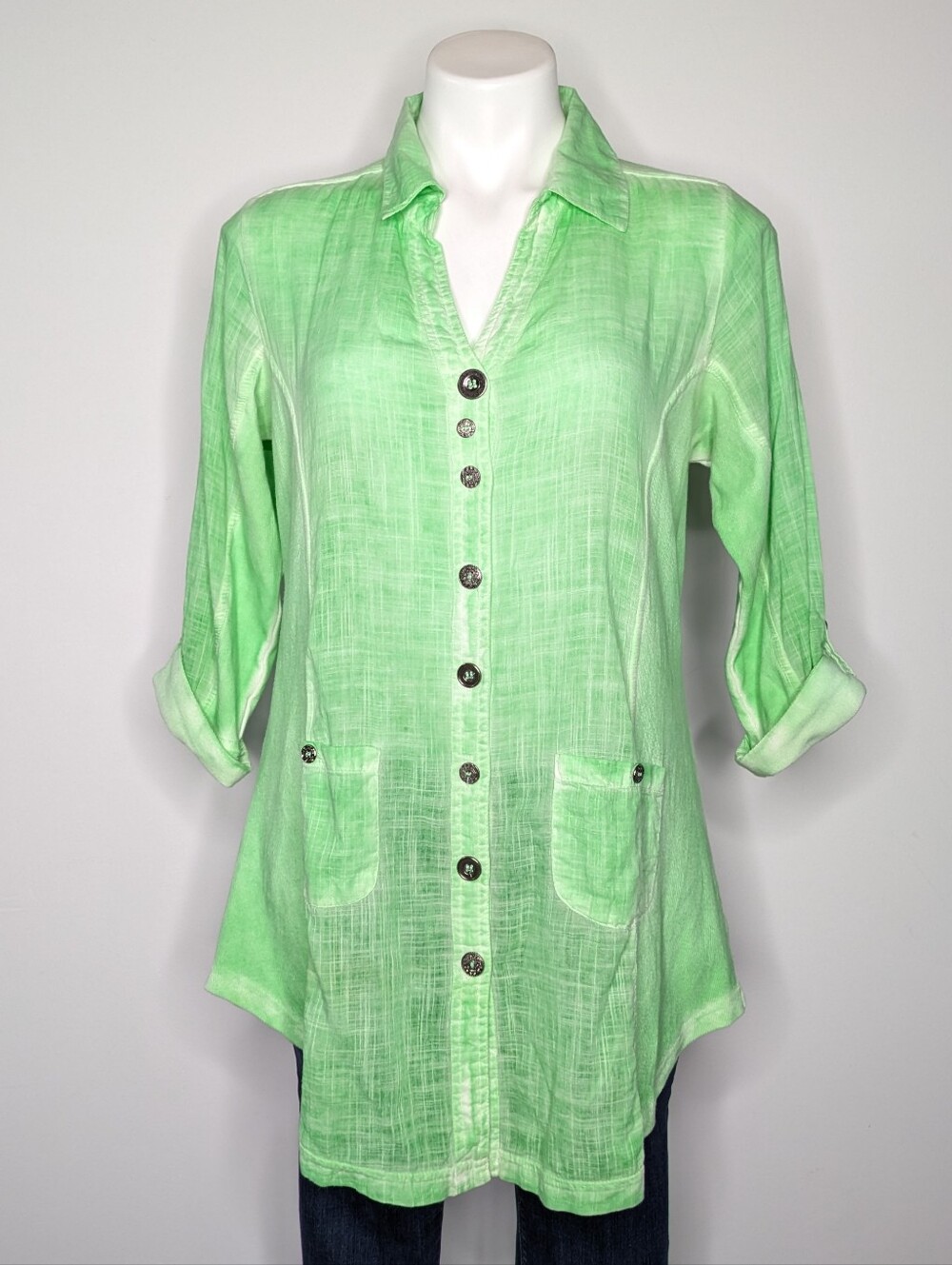 Parsley & Sage Green Silver Sheer Lagenlook Cotton Button Up M